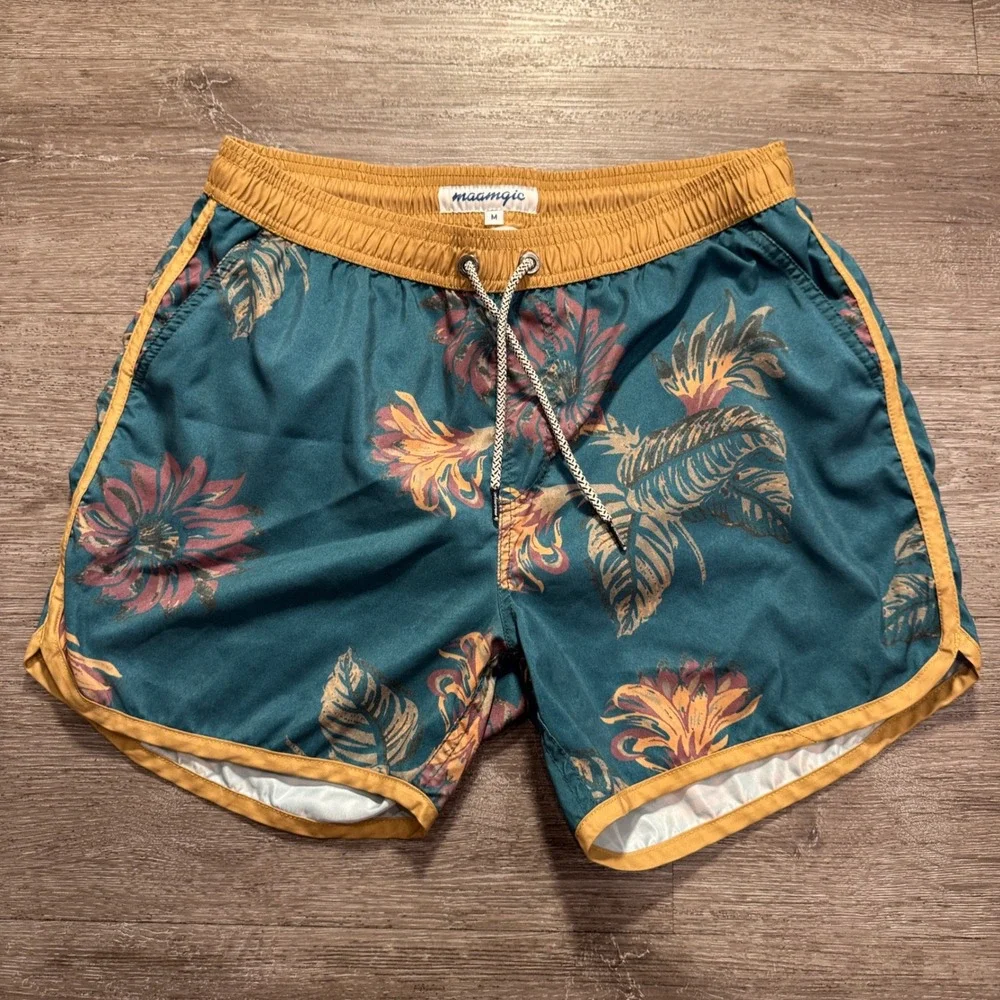 Maamgic Swim Trunks Mens Medium Blue Floral Mesh Lined Board Shorts Tropical